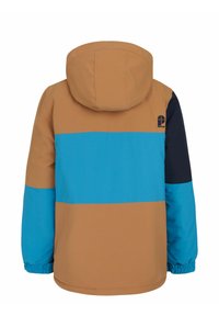 Kapuzenjacke mit einem Farbblockdesign in Braun, Blau und Marineblau. Hergestellt aus strukturiertem Stoff mit elastischen Bündchen und einem Logo auf der Rückseite.