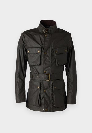 Dark green waxed cotton jacket with a high collar, four front pockets, a belted waist, and gold-tone hardware accents.