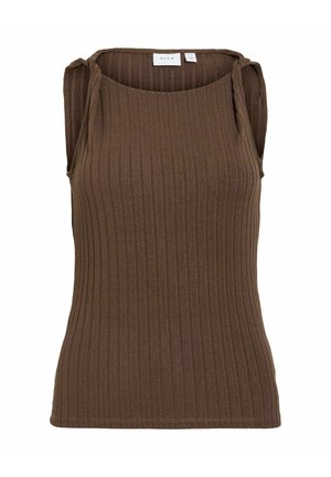Top maro fără mâneci, tricotat cu nervuri, cu decolteu pătrat și funde pe umeri, marca VILA.