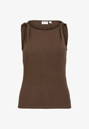 Top maro fără mâneci, tricotat cu nervuri, cu decolteu pătrat și funde pe umeri, marca VILA.