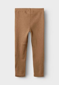 Leggings en coton marron avec une texture côtelée, présentant un design ajusté et une ceinture élastique pour le confort. Aucune motif ou accent visible.