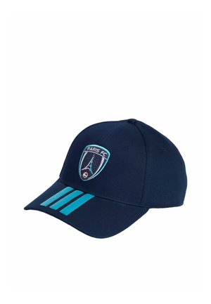Cappellino da baseball blu navy con il logo del Paris FC e tre strisce turchesi sulla visiera.