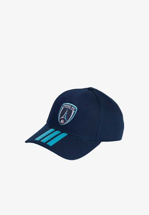 Marineblå baseballkasket med Paris FC-logo og tre turkise striber på skyggen.