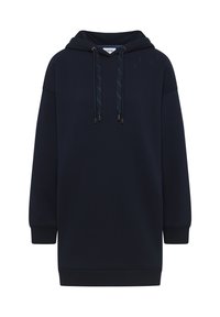 Felpa con cappuccio blu navy, realizzata in tessuto morbido, presenta una tasca frontale, polsini a coste e cordini regolabili con punte in metallo.