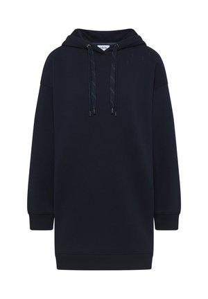 Navyblaues Kapuzensweatshirt aus weichem Stoff, mit einer Vordertasche, gerippten Bündchen und verstellbaren Kordeln mit Metallspitzen.
