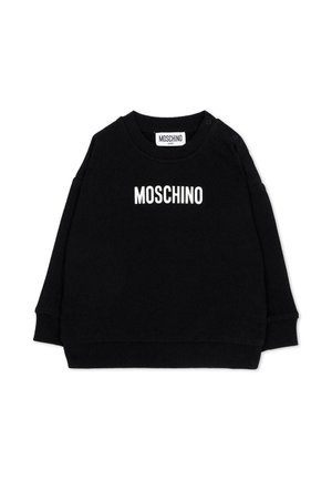 Zwarte babytrui met wit MOSCHINO-logo aan de voorkant en drukknoopsluitingen op één schouder voor gemakkelijk aankleden.