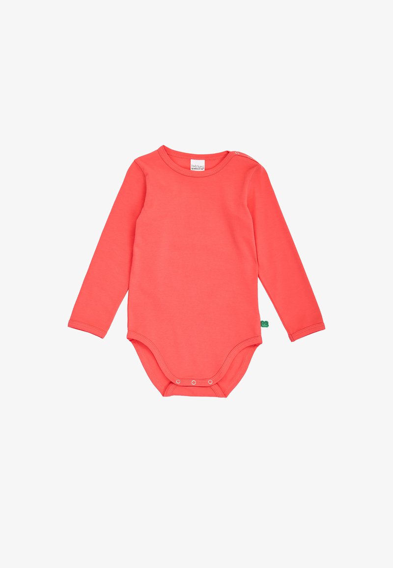 Body bébé corail à manches longues avec encolure ronde, boutons pression à l’épaule et à l’entrejambe, tissu en coton doux.