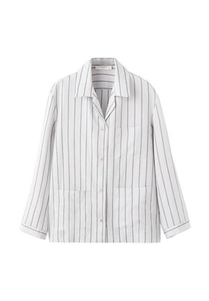 Weißes Hemd mit schwarzen Vertikalstreifen, langen Ärmeln, Kragen und drei vorderen Taschen.