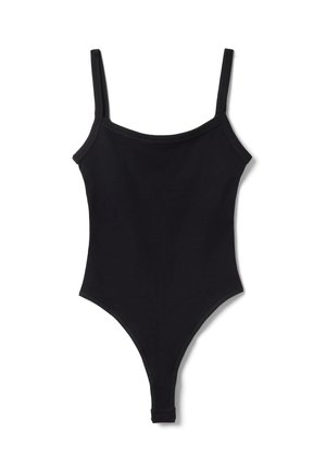 Bodysuit nero senza maniche con sottili spalline e aperture alte sulle gambe, disteso su uno sfondo bianco.