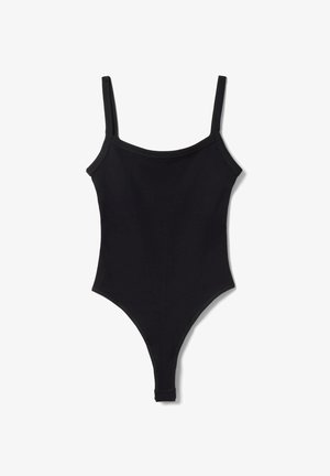 Bodysuit nero senza maniche con sottili spalline e aperture alte sulle gambe, disteso su uno sfondo bianco.