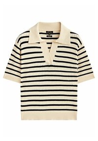 Pull polo à manches courtes avec col en V et rayures. Base crème avec rayures noires, motif tricot texturé et col contrastant.