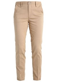 Vaaleat puuvillasekoitekankaiset chinot; slim fit -malli, kaksi etutaskua, nappisuljenta ja hienovarainen tekstuuri.