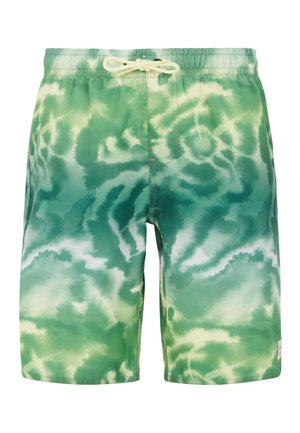 Zelena tie-dye kupaonska šorts s elastičnim pojasom i opuštenim krojem. Tkanina ima različite nijanse zelene boje i glatku teksturu.