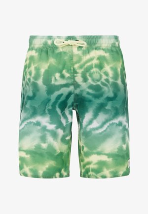 Costume da bagno verde tie-dye con cintura regolabile e vestibilità comoda. Il tessuto presenta diverse sfumature di verde e una texture liscia.