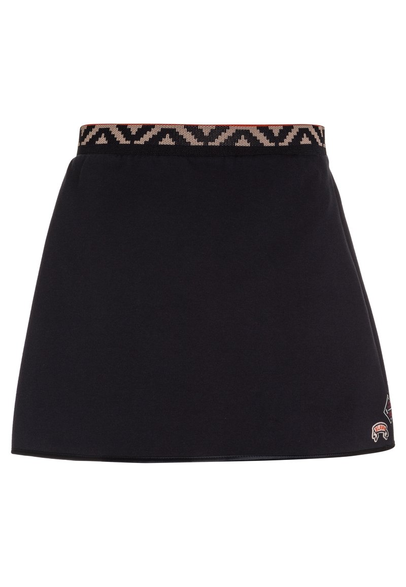 Jupe en coton noir avec une taille ornée d'un motif. Présente un design évasé et des détails de logo brodés à l'avant. Texture lisse.