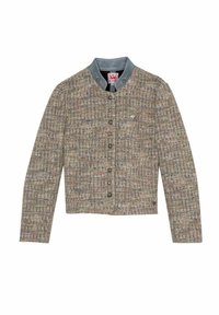 Texturierte, mehrfarbige Tweedjacke mit blauem Kragen, Frontknopfverschluss und zwei Brusttaschen. Verfügt über dezente gestickte Details.