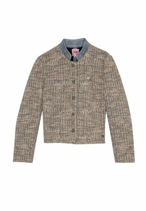 Textured, multi-colored tweed jacket with a blue collar, front button closure, and two chest pockets. Features subtle embroidered details.