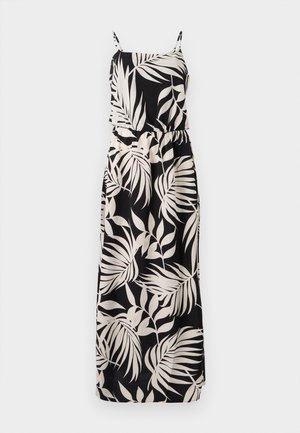 Robe longue noire avec un motif de feuilles beige, bretelles réglables et ceinture élastique pour une silhouette ajustée. Texture de tissu lisse.