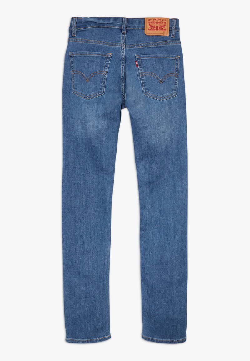 Blauwe denim jeans met een recht model, voorzien van twee achterzakken met gestikte accenten en een leren logo patch op de tailleband.