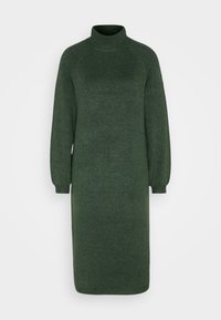 Abito in maglia verde scuro a maniche lunghe con scollatura alta e polsini a costine, che si estende sotto il ginocchio su uno sfondo chiaro e semplice.