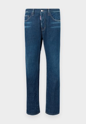 Tumedat sinised denim püksid on sirge säärega lõikega, erineva värviga tikandite, viie tasku ja metallnööbiga kinnitusega.