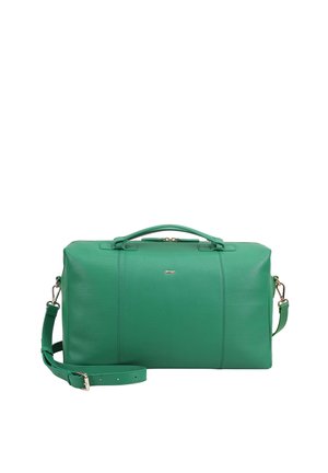 Green leather duffel bag with top handles, detachable shoulder strap, and gold-tone hardware, shown against a white background.