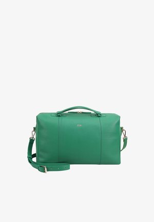 Green leather duffel bag with top handles, detachable shoulder strap, and gold-tone hardware, shown against a white background.