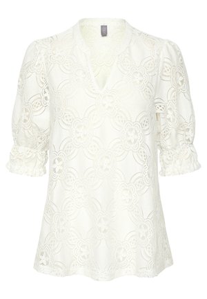 Bluză albă din dantelă cu decolteu în V, mâneci bufante, model floral și mansete volan. Material ușor, texturat.