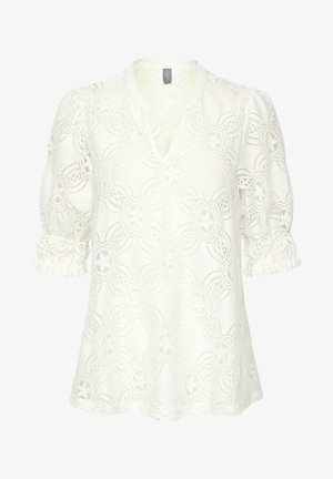 Blusa bianca in pizzo con scollatura a V, maniche a palloncino, motivo floreale e polsini arricciati. Tessuto leggero e testurizzato.