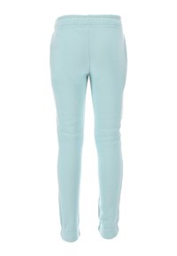 Helle blaue, dehnbare Fleece-Hosen mit einer taillierten Passform und elastischem Bund; der Stoff wirkt weich und glatt ohne sichtbare Muster.