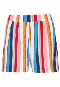 Multicolored shorts featuring vertical stripes in red, blue, pink, and orange, with intricate white accents and an elastic waistband.