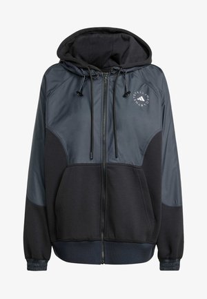 Black and gray zip-up hoodie with a drawstring hood, soft texture, and logo on the chest. Features two front pockets and elastic cuffs.