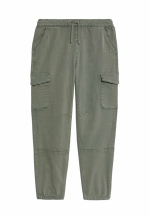 Olijfgroene cargo broek van stof, met zijzakken, een elastische tailleband en taps toelopende boorden met stikdetails.