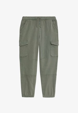 Cargo-Hosen aus olivgrünem Stoff, mit Seitentaschen, einem elastischen Bund und schmal zulaufenden Bündchen mit Nahtdetails.