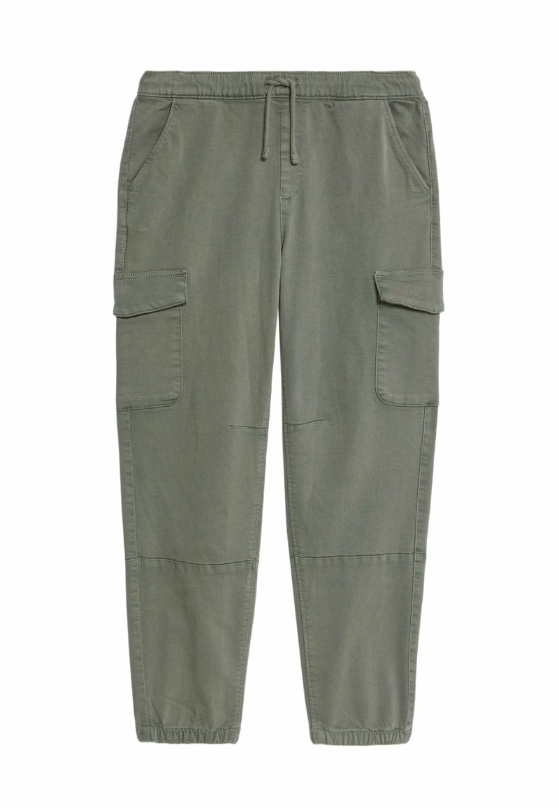 Olijfgroene cargo broek van stof, met zijzakken, een elastische tailleband en taps toelopende boorden met stikdetails.