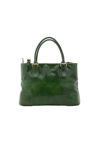 Groene leren handtas met twee bovenhandvatten, een gladde afwerking, rechthoekige vorm en subtiele stiksels aan de zijkanten. Rits sluiting.