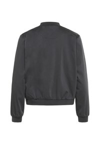 Veste bomber gris foncé unie avec col, poignets et ceinture côtelés, vue de dos sur fond blanc.