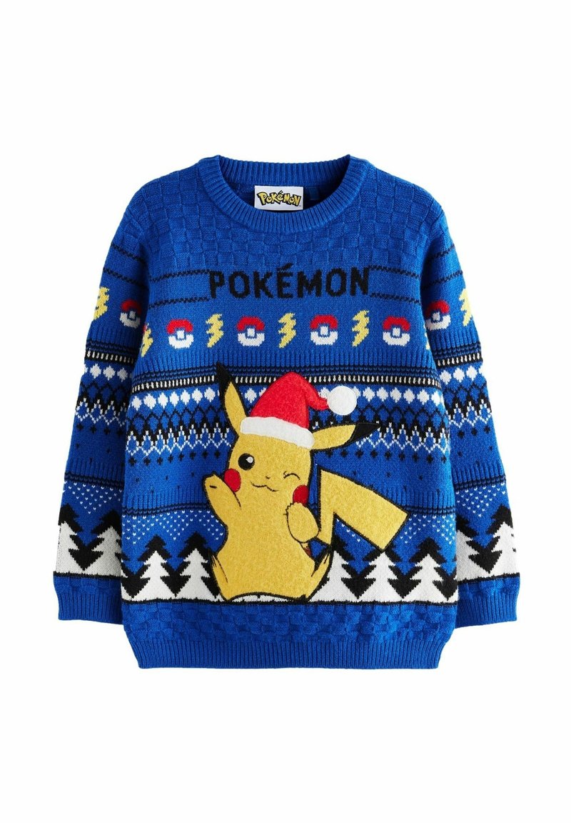 Pull de Noël bleu avec un Pikachu qui fait un clin d'œil portant un bonnet de Père Noël, des Poké Balls, des éclairs et des motifs de sapins en noir et blanc.