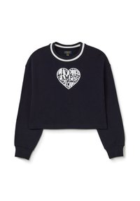 Sudadera recortada en color navy con cuello acanalado blanco. Presenta un gráfico en forma de corazón con el texto "VIVE LA FIESTA DEL CAMPUS" en diferentes fuentes.