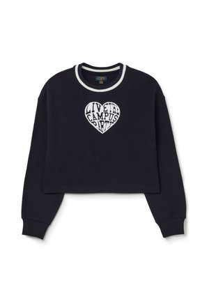 Sudadera recortada en color navy con cuello acanalado blanco. Presenta un gráfico en forma de corazón con el texto "VIVE LA FIESTA DEL CAMPUS" en diferentes fuentes.