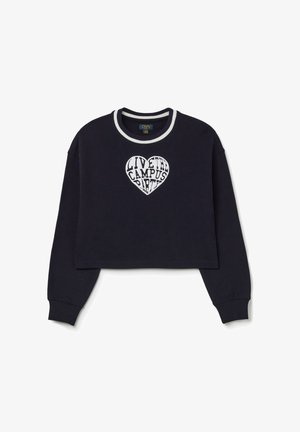 Marineblauwe cropped sweatshirt met witte ribgebreide halslijn. Bevat een hartvormige grafiek met de tekst "LIVE THE CAMPUS PARTY" in verschillende lettertypes.