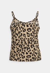 Kamarová top s leopardím potiskem, s nastavitelnými ramínky. Vyrobeno z jemné, texturované tkaniny v béžových a černých tónech.