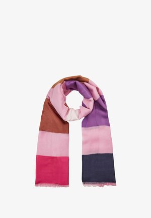 Mehrfarbiger Schal mit horizontalen Streifen in Braun, Pink, Lila und Marineblau, mit einer weichen Textur und fransigen Kanten.