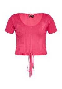 Krátký růžový žebrovaný crop top s širokým kulatým výstřihem, krátkými rukávy a detailem na zavázání na spodním lemu. Hladká textura s přiléhavým designem.