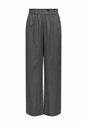 Pantalons gris à jambe large en tissu doux avec une taille élastique. Présente une coupe ample et une texture lisse.