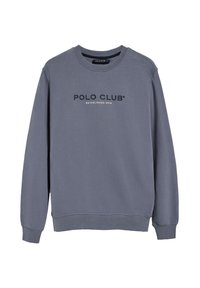 Grå sweatshirt i mjukt material, med rund halsringning, ribbade muddar och en logotyptryck "POLO CLUB" med texten "ETABLERT 2012" nedanför.
