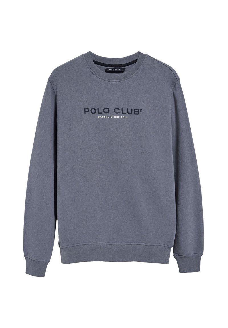 Grå sweatshirt i mjukt material, med rund halsringning, ribbade muddar och en logotyptryck "POLO CLUB" med texten "ETABLERT 2012" nedanför.