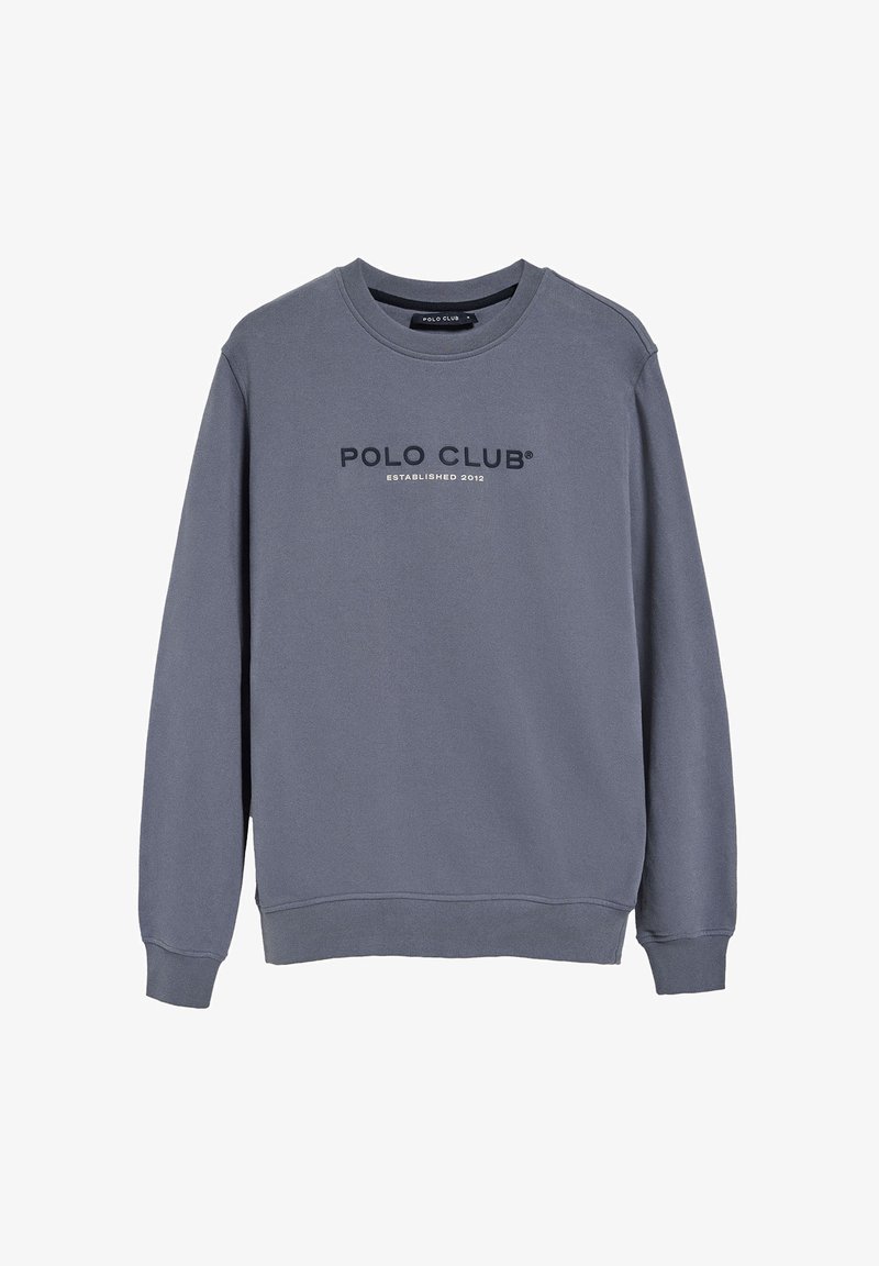Grå sweatshirt i mjukt material, med rund halsringning, ribbade muddar och en logotyptryck "POLO CLUB" med texten "ETABLERT 2012" nedanför.