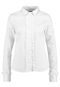 White long-sleeve shirt made of cotton with a classic collar, featuring a front placket with ruffle detail and buttoned cuffs.