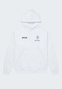 Sweat à capuche blanc avec poche avant, logo noir "FXP" sur la poitrine gauche, et un graphisme de fleur bleue avec le texte "READY TO WEAR" sur la poitrine droite.